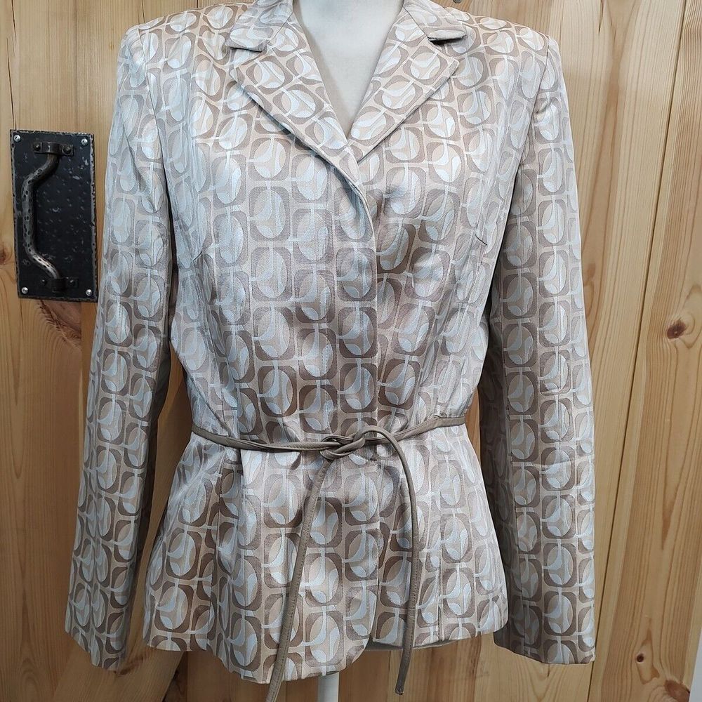 Kay Unger NY Blazer 14 Damask Ivory/Blue Vintage Suit Jacket Y2K Leather Belt